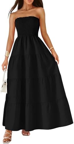 Womens Strapless Maxi Dress Smocked Summer Dresses with Pockets, Black