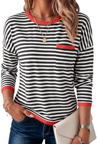 Womens Striped Lightweight Sweaters, Red-Striped Black