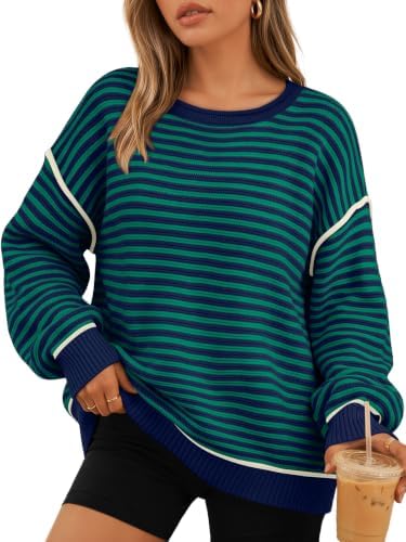 Women's Striped Oversized Fall Sweater Long Sleeve Tops, Blue Green Apricot