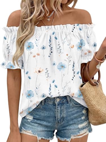 Women's Summer Off the Shoulder Flowy Top Short Puff Sleeve Shirt, Beach Blossom