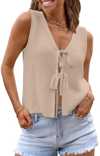 Womens Tie Front Tops Vacation Sweater Vest, Beige