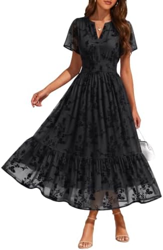 Womens Wedding Guest Fall Henley Formal Maxi Dresses with Pockets, Black