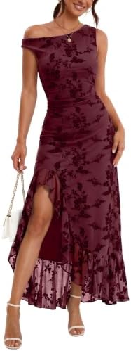 Womens Wedding Guest Fall Off Shoulder Cocktail Formal Dresses, Wine