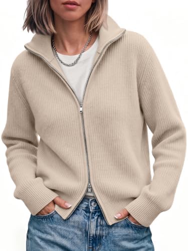 Womens Zip Up Cardigan Sweater Ribbed Knit Fall Jacket, Beige